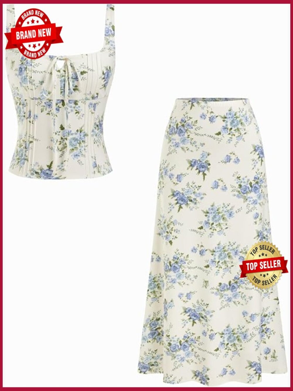 Women's Two Piece Skirt Set Floral Tie Front Tank Top A Line Midi Skirt